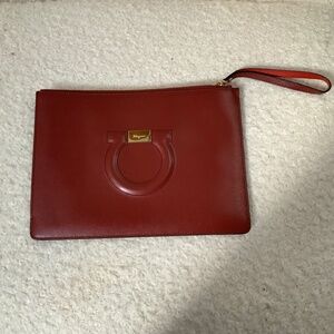 Tan leather Ferragamo envelope clutch